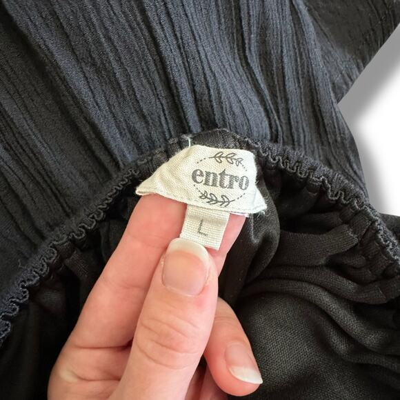 Entro Black Tassel Halter Ruched Maxi Dress L Crinkle Gauze, Lined, Style D16680 - Picture 2 of 10